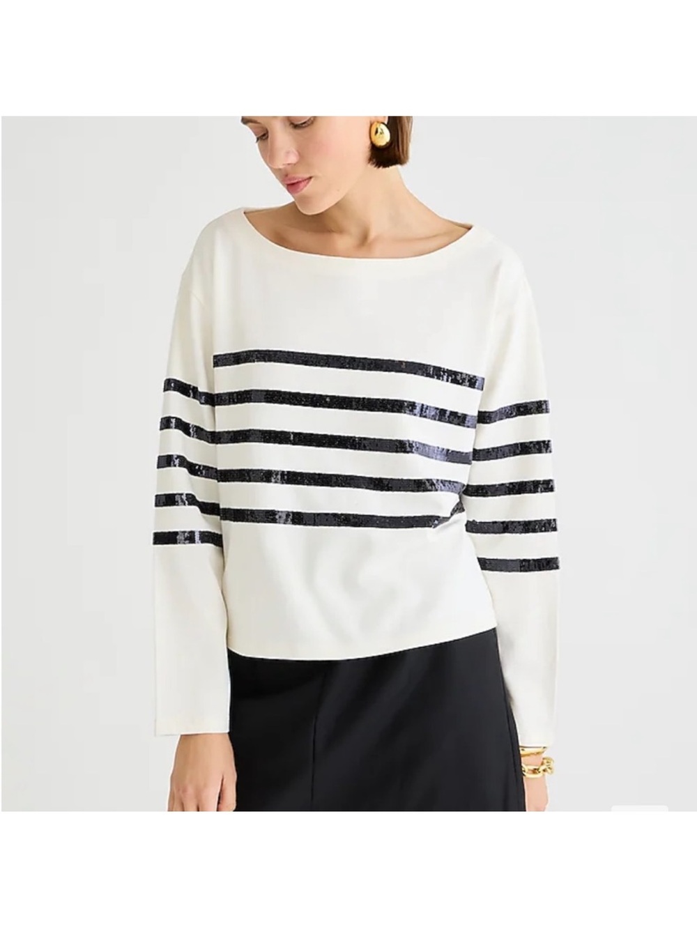 J.Crew cream boatneck top featuring horizontal black sequins in M